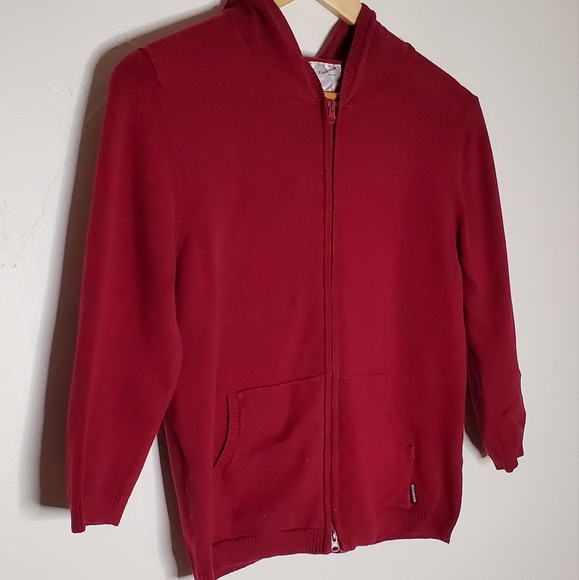 Burgundy Flat Knit Basic Casual Zip-Up Hoodie Sweather with Pockets - Picture 5 of 12